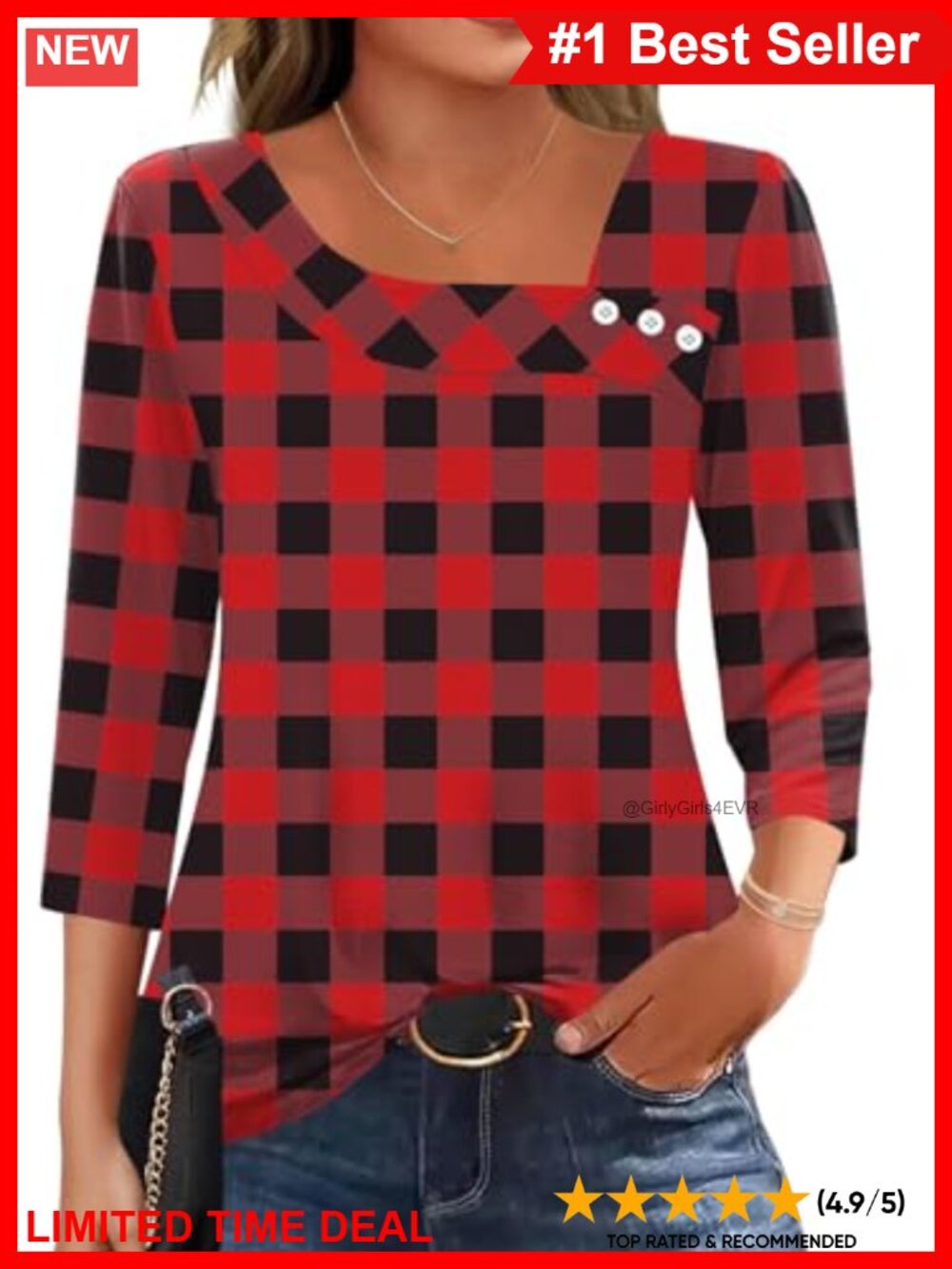 Womens 3/4 Sleeve Asymmetrical Neck Button Front Blouse Business Work Top